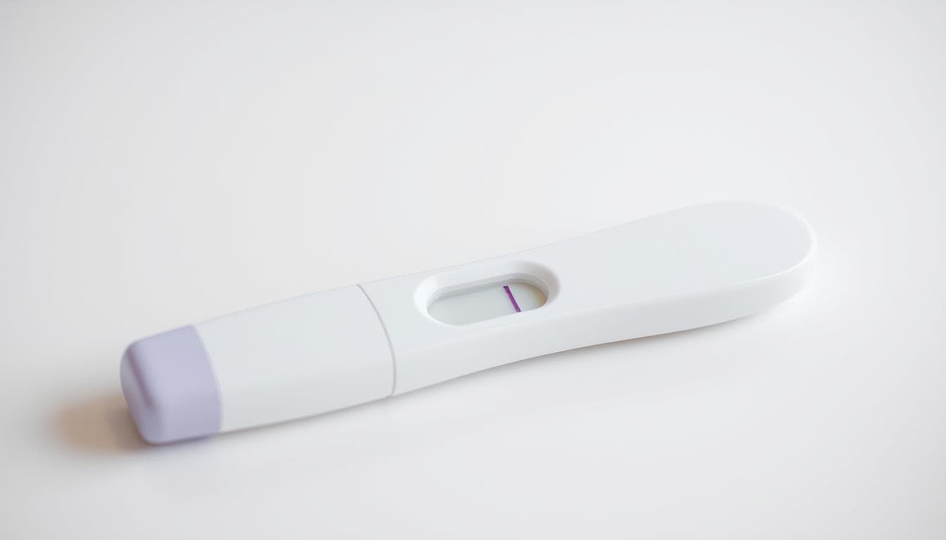 A close-up shot of a white pregnancy test kit on a clean, bright surface, with a soft, warm lighting that accentuates the delicate details. The test strip is prominently displayed, indicating the results, conveying a sense of anticipation and the significance of this moment. The background is minimalist, allowing the test kit to be the central focus, capturing the essence of the "Kiedy wykonać test ciążowy?" section within the broader article context.