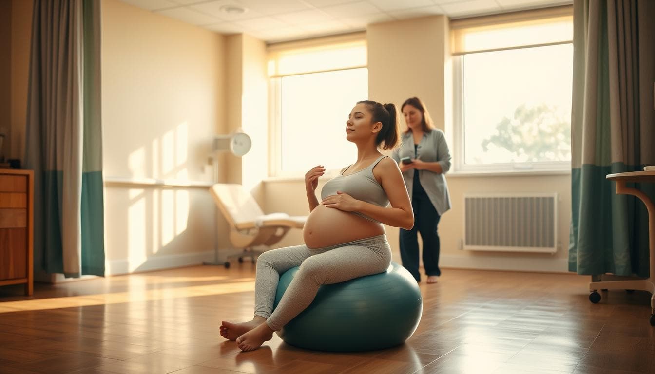A peaceful, serene hospital room with warm, natural lighting streaming through large windows. In the center, a pregnant woman sits on a birthing ball, her face relaxed and focused as she practices deep breathing exercises. Around her, a midwife and supportive partner provide gentle guidance and encouragement. The room is filled with a sense of calm and empowerment, reflecting the woman's preparation for a safe, vaginal birth after cesarean (VBAC) delivery. The atmosphere conveys the idea of a tranquil, yet dynamic environment where the woman is taking an active role in her labor and delivery.