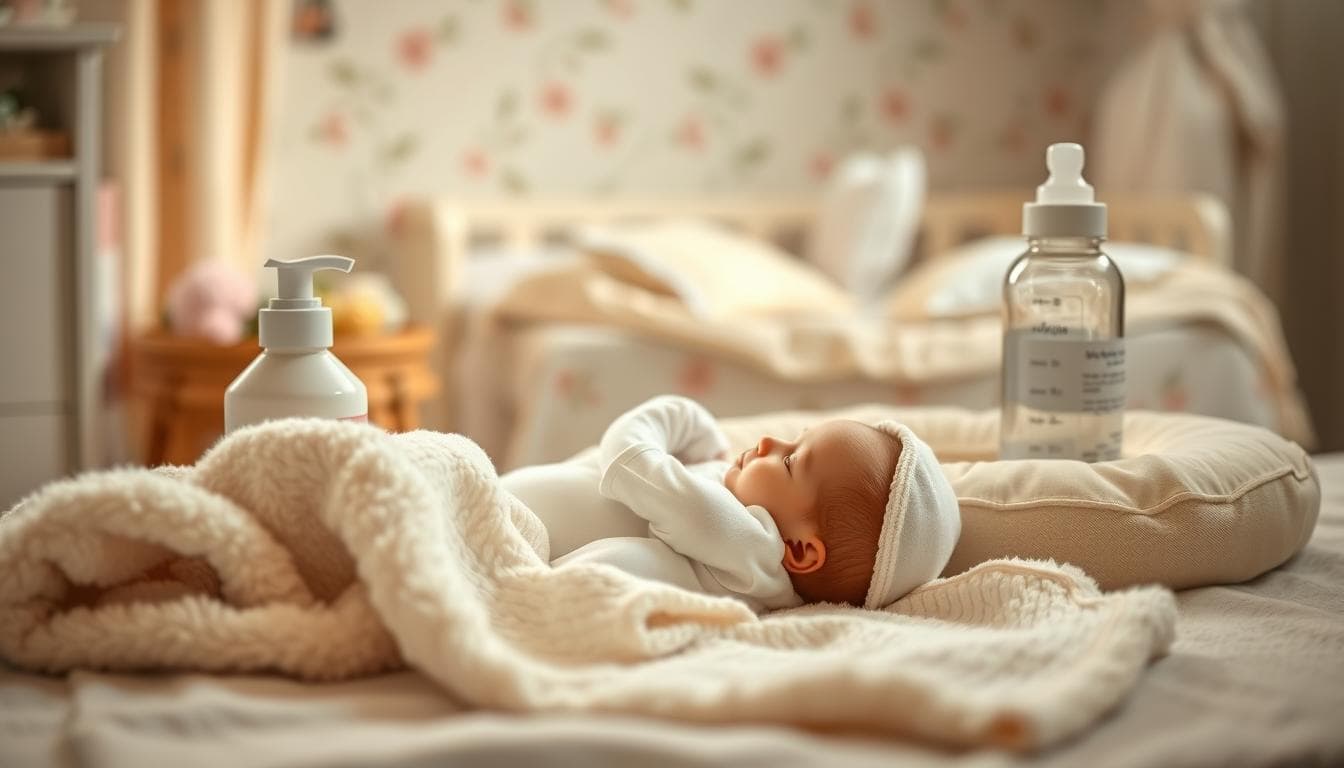 A warm, softly lit scene showcasing essential items for a newborn and mother. In the foreground, a plush baby blanket, soft onesie, and gentle baby care products like lotion and shampoo. In the middle ground, a cozy nursing pillow, breast pump, and infant-friendly water bottle. The background features a serene, pastel-colored nursery with delicate floral accents. The mood is one of comfort, care, and the joy of new motherhood, captured through a shallow depth of field and natural, diffused lighting.