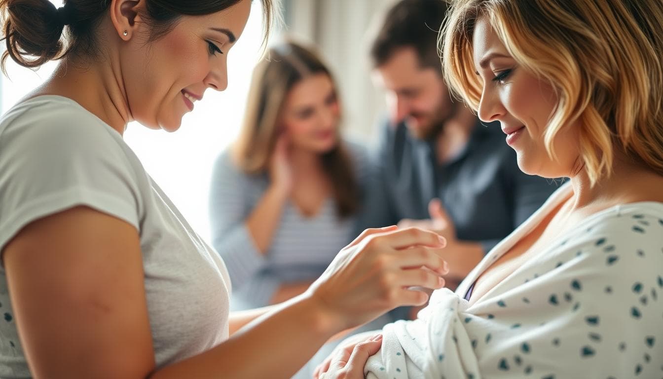 A warm, intimate scene of emotional support during childbirth. In the foreground, a doula gently holds the hand of a laboring woman, her face filled with calm reassurance. The middle ground depicts the woman's partner, leaning in close to offer soothing words and encouragement. Soft, natural lighting casts a serene glow, creating an atmosphere of tenderness and connection. The background fades into a serene, cozy birthing space, conveying a sense of safety and comfort for the family. The image radiates empathy, care, and the profound bond between a doula and her clients during this transformative moment.