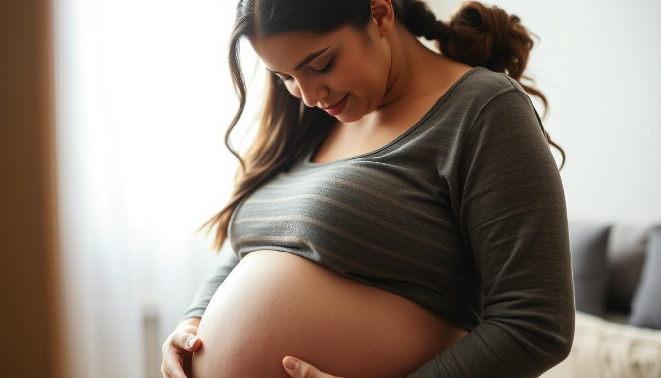 A close-up shot of a pregnant woman being comforted by a doula, their faces close together, conveying a sense of emotional support and connection. The woman's expression is one of vulnerability and trust, while the doula's expression reflects empathy and care. Soft natural lighting filters through a window, casting a warm glow on the scene. The background is blurred, keeping the focus on the intimate moment between the two figures. The overall mood is soothing, nurturing, and reassuring, capturing the essence of emotional support during pregnancy.