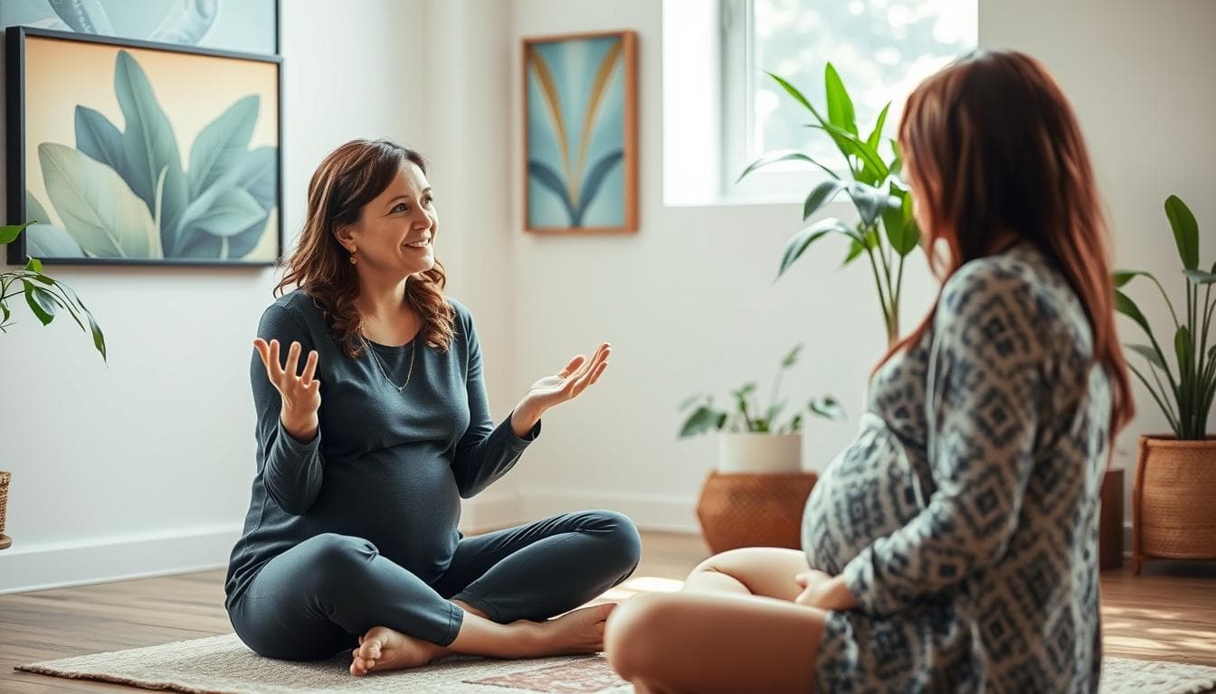 A warm, natural-lit room with a doula sitting cross-legged on the floor, engaging in a thoughtful discussion with a pregnant woman. The doula's expression is nurturing and attentive, as she gestures gently while explaining key aspects of her role. In the background, soothing artwork and plants create a calming, educational atmosphere. The scene conveys the doula's deep understanding of the birthing process and her ability to provide emotional, physical, and informational support to the expectant mother.