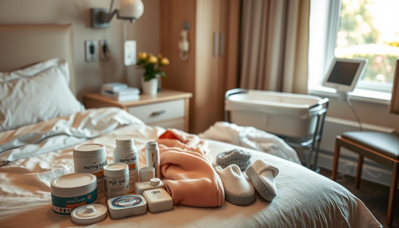 A cozy, well-lit hospital room with a comfortable bed, soft linens, and a nightstand. In the foreground, a neatly organized array of items for the new mother - nursing pads, nipple cream, a warm robe, slippers, and a water bottle. In the middle ground, a bassinet with plush bedding and a mobile overhead, creating a serene atmosphere. The background features a window overlooking a tranquil garden, with soft natural lighting filtering in. The overall scene conveys a sense of preparedness, comfort, and the care and attention given to the expectant mother and her newborn.