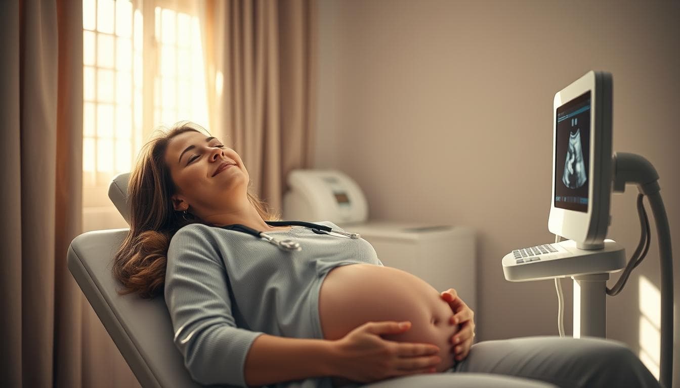 A pregnant woman in a serene, sun-drenched doctor's office, reclining on an examination table as her physician performs an ultrasound, the soft glow of the screen illuminating her face with a sense of wonder and anticipation. The room is filled with soothing, neutral tones, and the woman's expression radiates a calm, reassuring presence, conveying the importance of this moment in her journey towards motherhood. The image captures the quiet intimacy and care of a routine prenatal checkup, a pivotal step in the preparation for the arrival of a new life.