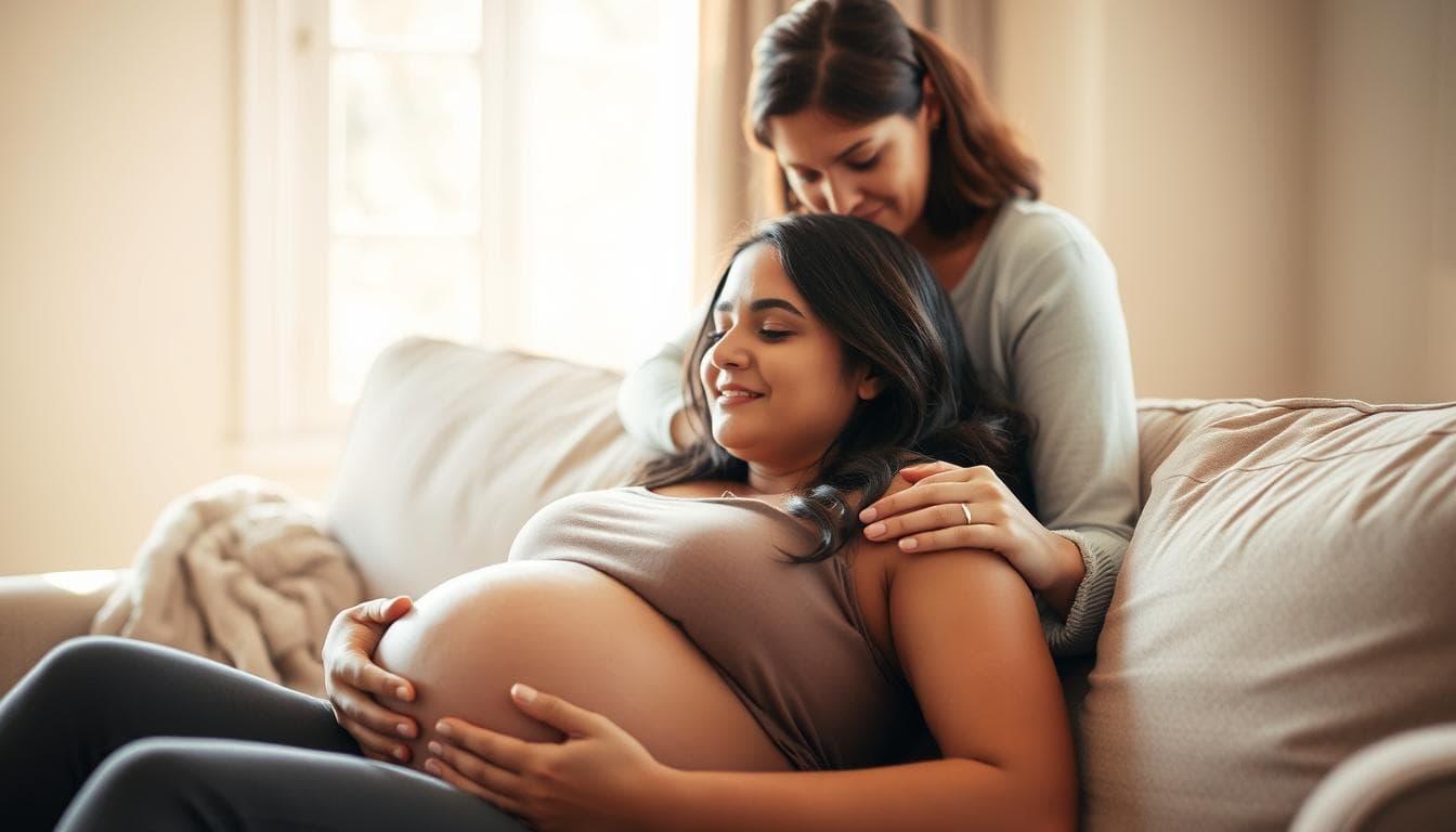 A pregnant woman resting on a couch, with a doula sitting beside her, offering comfort and support. The doula's face is kind and attentive, her hands gently placed on the woman's shoulder. Soft, natural lighting filters through a nearby window, creating a warm, serene atmosphere. The woman's expression is one of tranquility, as she feels the reassuring presence of the doula during this pivotal time. The background is subtly blurred, allowing the focus to remain on the intimate moment between the two figures. The scene conveys the invaluable role a doula plays in providing emotional, physical, and informational support to a woman throughout her pregnancy, labor, and postpartum journey.