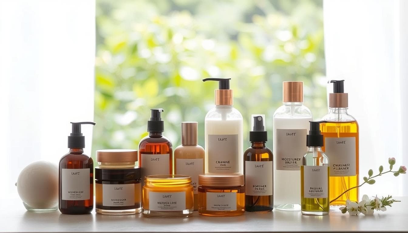 A serene, well-lit product display showcasing an assortment of soothing, earth-toned skincare products for expectant mothers. The foreground features an elegant arrangement of moisturizers, cleansers, and body oils in glass bottles and jars, with a soft, diffused light illuminating their natural textures. The middle ground presents a lush, verdant backdrop, perhaps a peaceful garden or studio setting, conveying a sense of tranquility and nurturing. The overall composition exudes a calming, spa-like atmosphere, inviting the viewer to envision the luxurious, pregnancy-safe self-care experience.