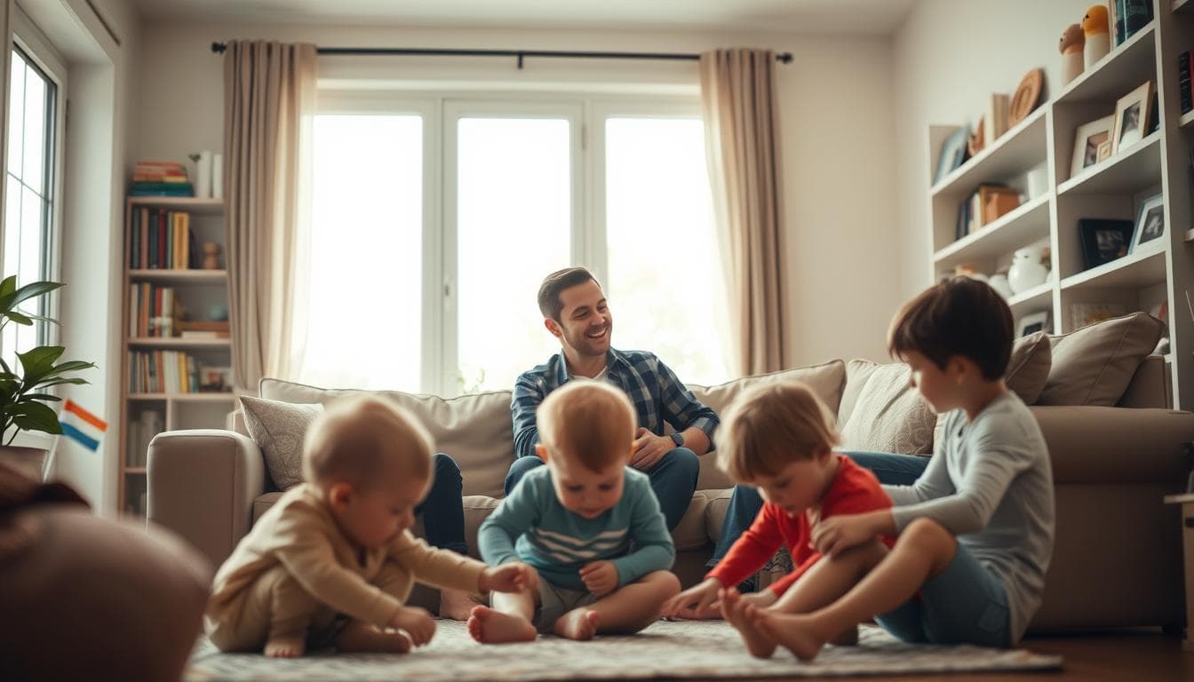 A warm, cozy family living room scene. In the foreground, a mother and father sit on a plush sofa, engaged in an earnest conversation, their body language open and attentive. In the middle ground, two children play on the floor, lost in imaginative play. The background features shelves filled with books and family photos, and a large window that floods the room with soft, natural light. The overall atmosphere conveys a sense of domestic tranquility and close-knit bonds. Cinematic, 50mm lens, shallow depth of field.