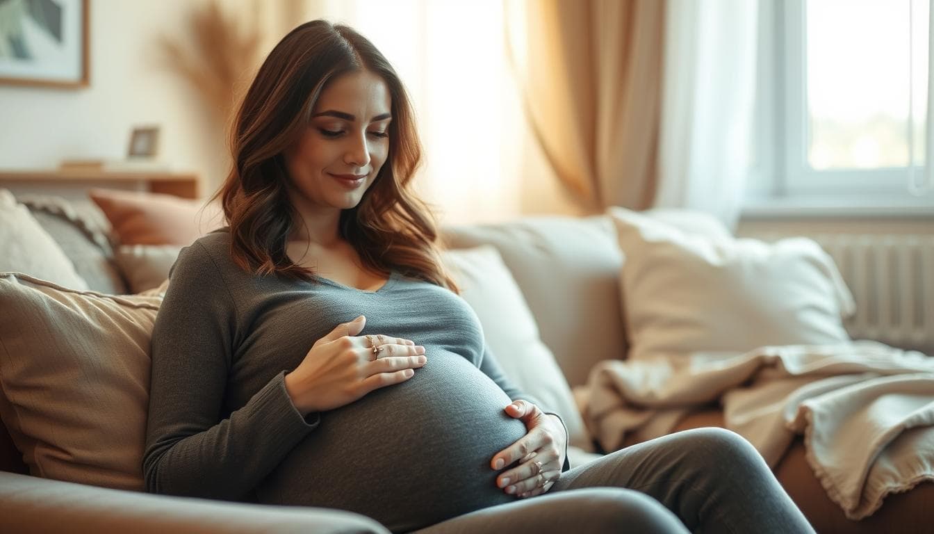 a serene and calming scene of a pregnant woman in a peaceful, warm environment, showcasing her emotional stability and inner peace during her pregnancy. The woman is seated comfortably in a cozy living room, her hands gently resting on her rounded belly. Soft natural light filters through the windows, casting a gentle glow on her face, which displays a tranquil, contented expression. The background is filled with soothing, muted colors and textures, such as soft fabrics, earthy tones, and subtle patterns, creating a sense of harmony and balance. The overall atmosphere conveys a sense of emotional security, resilience, and the importance of self-care during this transformative period of a woman's life.