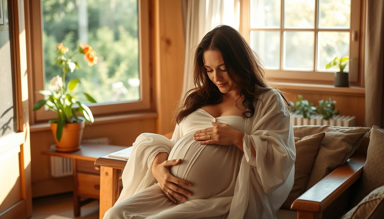 A poised and serene doula, dressed in a flowing white gown, tenderly embraces a young expectant mother in a sun-dappled Polish home. The doula's gentle gaze and calming presence radiates a sense of comfort and support, as the mother-to-be rests peacefully, surrounded by natural wooden furnishings and soft, warm lighting. In the background, a tranquil, lush garden scene frames the intimate moment, conveying the nurturing and holistic nature of the doula's role in the birthing process.