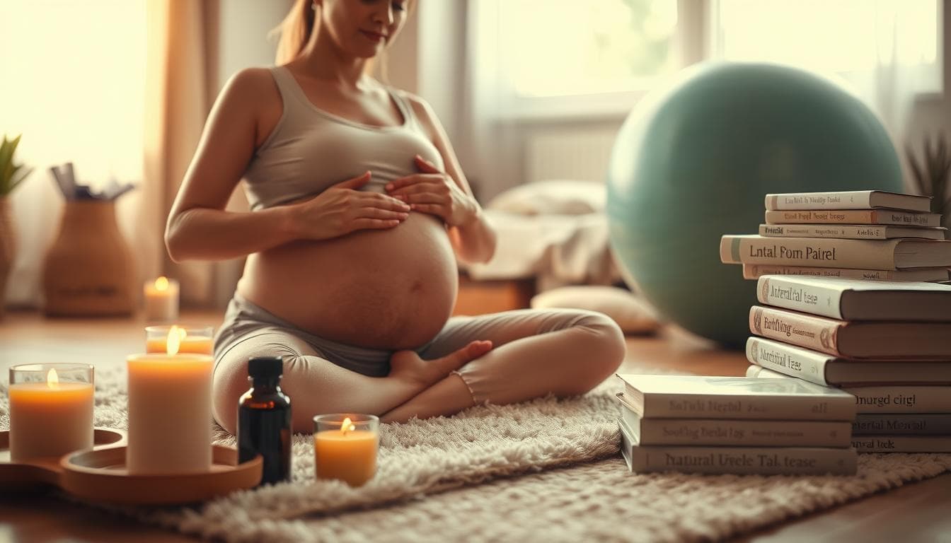 A warm, softly-lit scene depicting a pregnant woman in a serene, peaceful environment, preparing for a natural birth. In the foreground, the expectant mother sits cross-legged on a plush rug, eyes closed in meditation, hands resting gently on her swollen belly. Surrounding her, an array of calming, natural elements - candles, essential oils, and soothing herbal teas. In the middle ground, a birthing ball and a stack of pregnancy books, symbolizing the woman's education and readiness. The background features a cozy, nurturing space, perhaps a bedroom or a dedicated birthing room, with natural light filtering in through a window, casting a soothing glow over the entire scene.