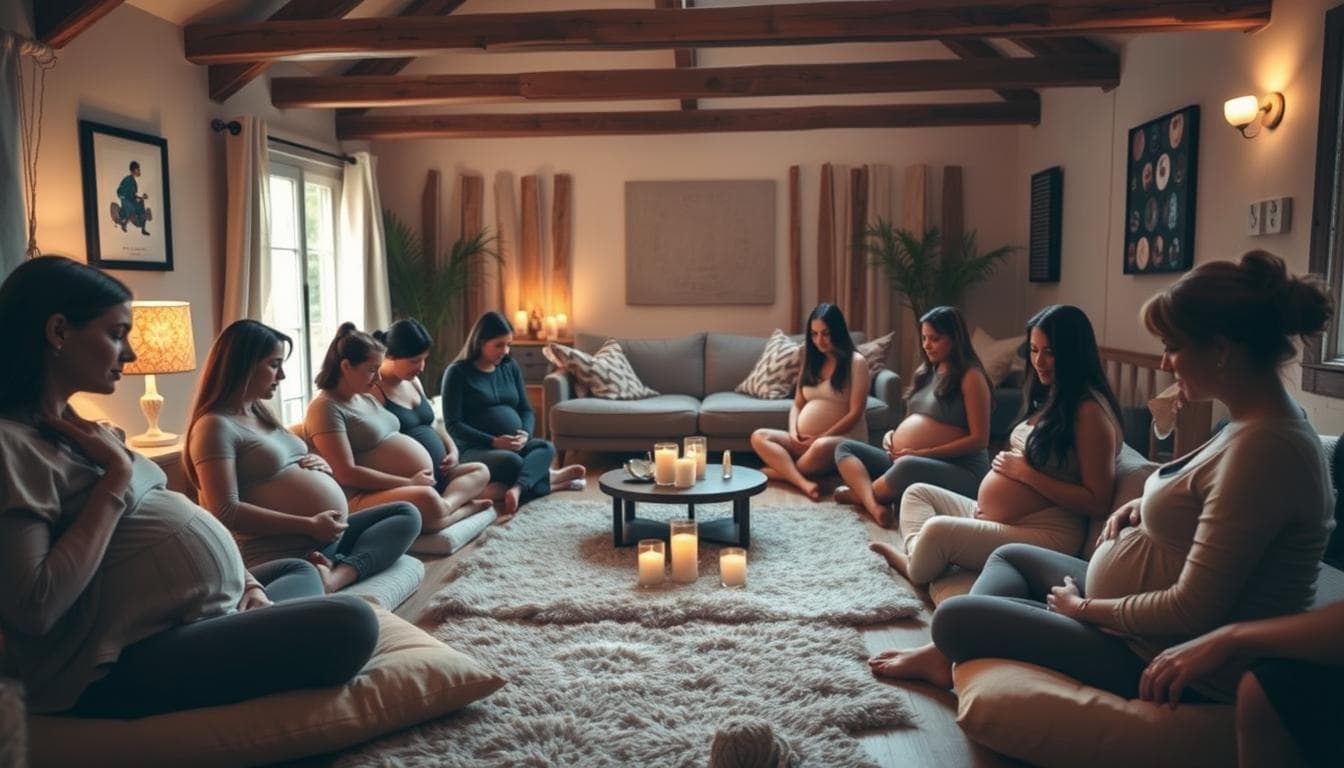 A cozy, intimate gathering of pregnant women in a warm, softly-lit room. In the foreground, a circle of expectant mothers sit on pillows, sharing their birth stories and offering support to one another. Their faces are serene, reflecting the tranquil atmosphere. In the middle ground, plush rugs, candles, and a central table with refreshments create a nurturing, safe space. The background features wooden beams, earthy tones, and gentle natural light filtering in, conveying a sense of community and connection. The overall scene evokes a peaceful, empowering exchange of wisdom and shared experiences among women on the threshold of motherhood.