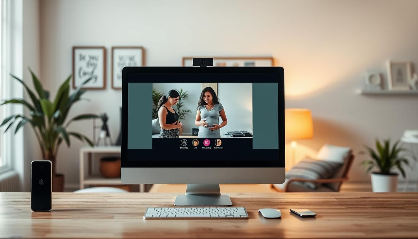 A tranquil online classroom setting, with a desktop computer and desk prominently displayed in the foreground. On the screen, a video conference call is taking place, showcasing a doula guiding a pregnant woman through a virtual birthing session. The middle ground features a cozy, inviting environment with warm lighting, plants, and inspirational wall art. In the background, a soft, blurred view of a city skyline or natural landscape, creating a calming, nurturing atmosphere. The overall mood is one of education, empowerment, and the seamless integration of modern technology in the doula's professional development.