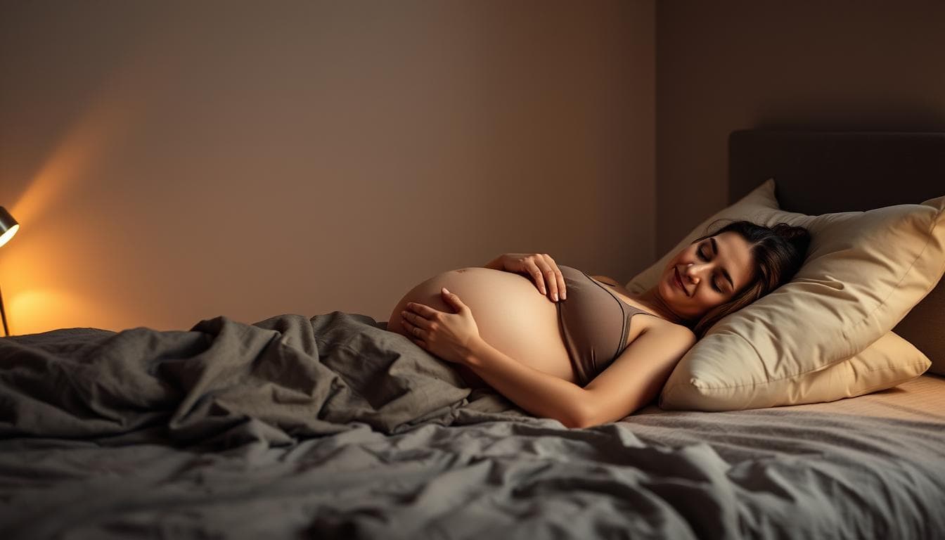 A serene, dimly lit bedroom with a pregnant woman resting comfortably in a safe, ergonomic sleeping position. Soft, indirect lighting casts a warm, soothing glow, creating a tranquil atmosphere. The woman's body is supported by strategically placed pillows, ensuring proper spinal alignment and alleviating pressure points. Cozy bedding in muted, earthy tones complements the calming ambiance. The scene conveys a sense of rest, relaxation, and the gentle care needed for a healthy pregnancy.