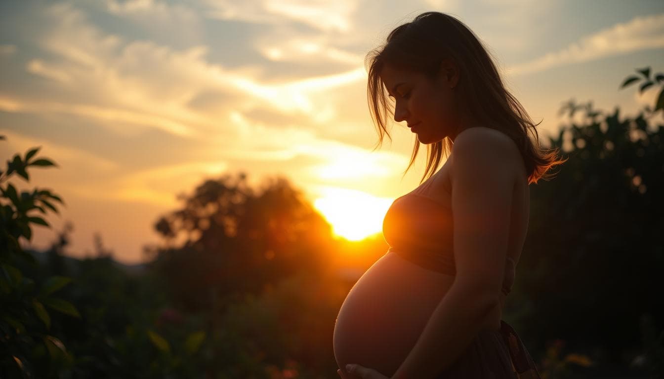 A pregnant woman stands in a serene garden, her silhouette backlit by a warm sunset. Wispy clouds drift across the sky, casting ever-changing shadows on her face, mirroring the emotional turmoil within. Her expression is pensive, reflecting the turbulent hormonal changes she experiences, from joy to melancholy, from tranquility to restlessness. The lush foliage around her sways gently in a soft breeze, a metaphor for the ebb and flow of her moods. The image is captured through a soft-focus lens, creating a dreamlike, atmospheric quality that emphasizes the introspective nature of this emotional journey.