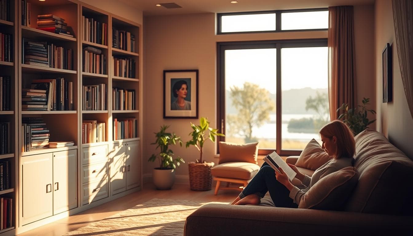 A serene, cozy home interior with warm lighting and soft textures. In the foreground, a person sits comfortably on a plush couch, engrossed in a book. Bookshelves line the walls, creating a sense of security and comfort. The middle ground features a potted plant and a framed artwork, hinting at the occupant's personal touch. In the background, a large window offers a view of a tranquil outdoor scene, suggesting a peaceful retreat from the outside world. The overall atmosphere evokes a sense of mindfulness, introspection, and finding solace within one's own space.
