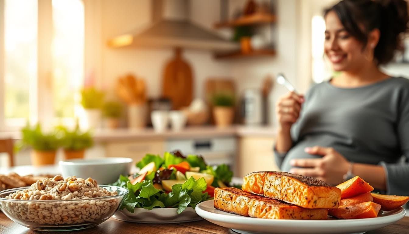 A delectable and nutritious daily meal plan for expecting mothers, captured in a warm, inviting tableau. In the foreground, a bountiful spread of wholesome foods: a hearty oatmeal breakfast, a leafy green salad with colorful vegetables, a protein-packed lunch of grilled salmon and roasted sweet potatoes, and a light fruit-based snack. The mid-ground features a pregnant woman enjoying the meal, her face radiating contentment. The background showcases a cozy, sun-dappled kitchen, conveying a sense of comfort and care. Softly diffused natural lighting casts a gentle glow, emphasizing the nourishing quality of the scene. The overall mood is one of balance, tranquility, and thoughtful attention to maternal wellbeing.