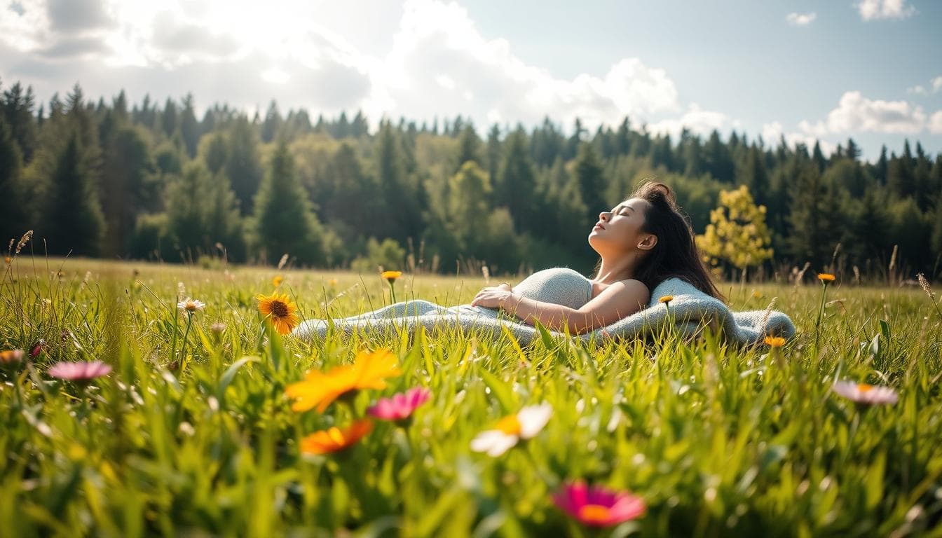 A serene, sun-dappled meadow, soft grass underfoot, wildflowers blooming in the foreground. In the middle ground, a woman rests peacefully on a plush blanket, eyes closed, her body relaxed and rejuvenated after the demands of childbirth. Gentle rays of light filter through wispy clouds, casting a warm, nurturing glow. In the background, a tranquil forest rises, its verdant canopy providing a sense of shelter and retreat. An atmosphere of tranquility, restoration, and newfound strength permeates the scene, inviting the viewer to experience the restorative power of rest and regeneration.