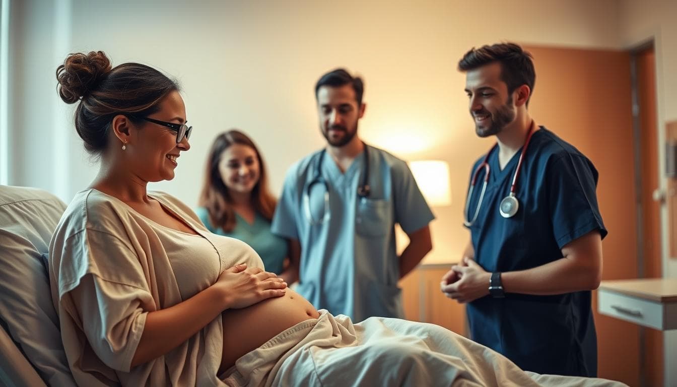 A warm, serene scene of a doula collaborating with medical staff during a birthing process. In the foreground, the doula gently supports the expectant mother, their expressions conveying empathy and trust. The medical personnel in the middle ground observe attentively, their body language and facial expressions reflecting a spirit of cooperation and mutual understanding. The background features a calming, softly lit hospital room, with muted tones and a sense of tranquility. The lighting is soft and diffused, creating a comforting atmosphere. The composition is balanced, with the figures and elements positioned to create a harmonious, cohesive whole, reflecting the seamless teamwork between the doula and medical team.