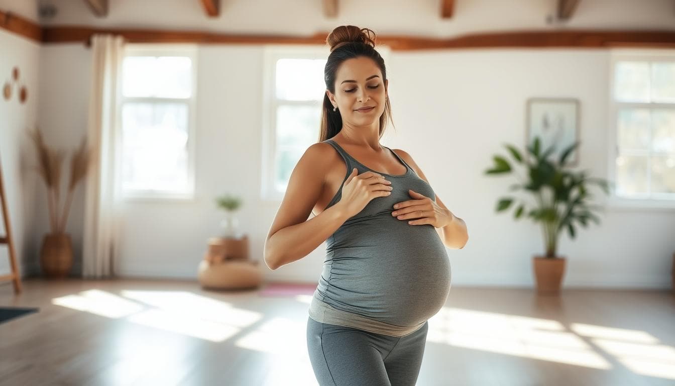 A pregnant woman doing prenatal yoga in a sunlit studio, peaceful expression on her face as she flows through gentle, restorative poses. The foreground showcases her graceful movements, middle ground features a tranquil atmosphere with soft lighting and minimal decor, and the background gently blurs into a soothing palette of natural tones. The image radiates a sense of balance, mindfulness, and the nurturing connection between mind, body, and unborn child during this transformative stage of life.