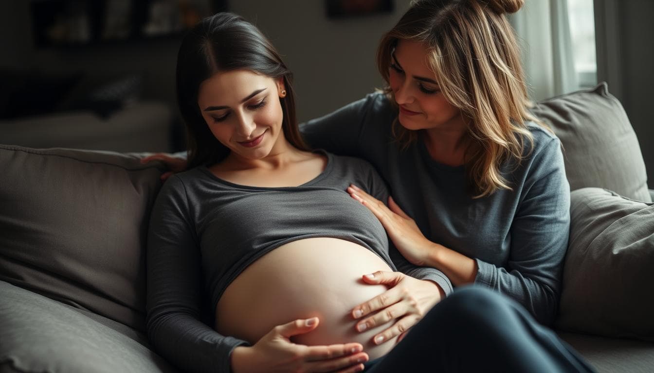 A pregnant woman sitting on a couch, being comforted by a doula. The woman's face is lit softly, conveying a sense of calm and reassurance. The doula is leaning in, her expression warm and compassionate, offering emotional support. The scene is set in a cozy, dimly lit living room, with muted colors and soft, natural lighting. The atmosphere is one of intimacy, trust, and the gentle care that a doula can provide during the emotional journey of pregnancy.