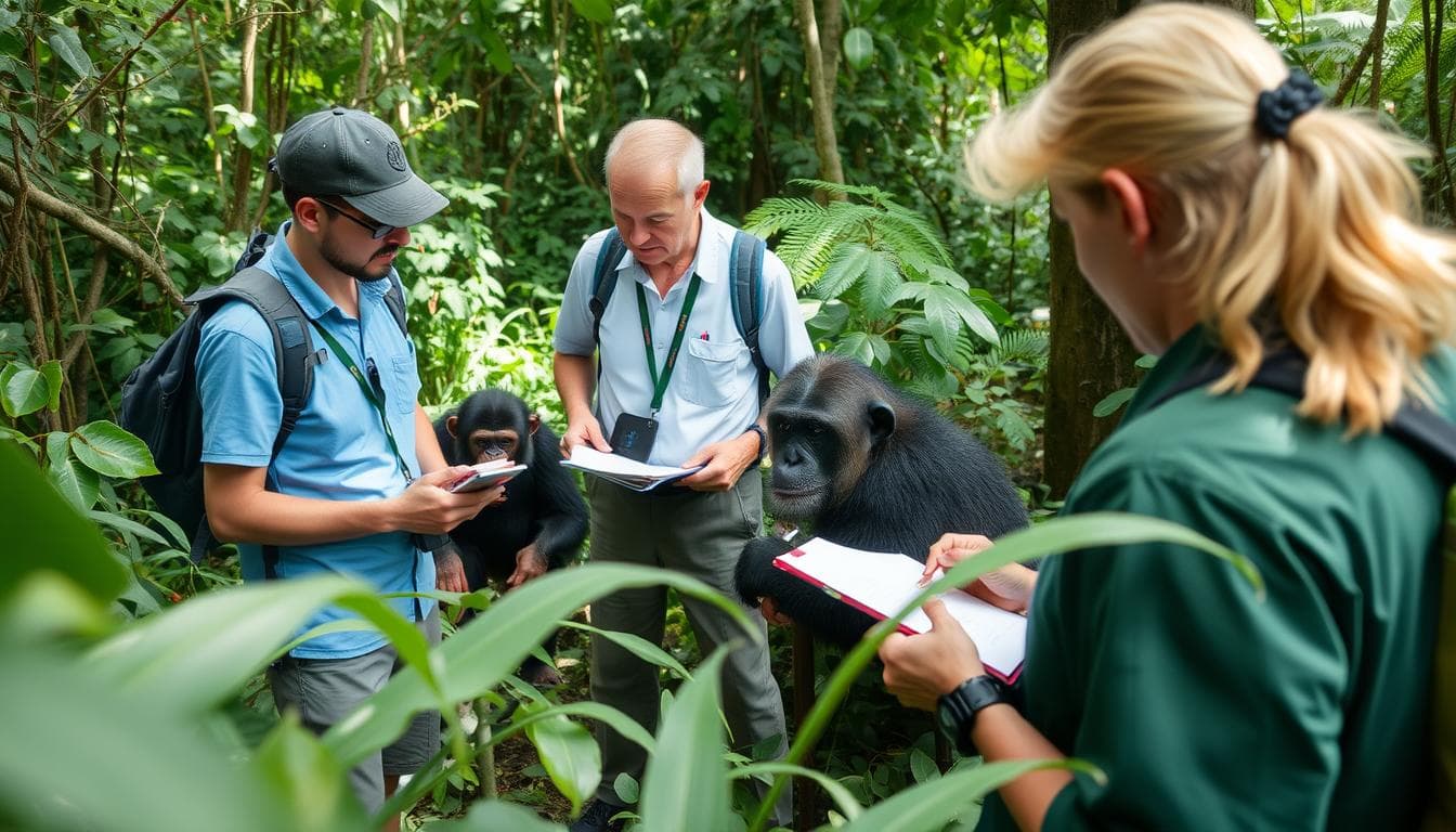 Zespół badawczy zbiera dane dotyczące szympansów