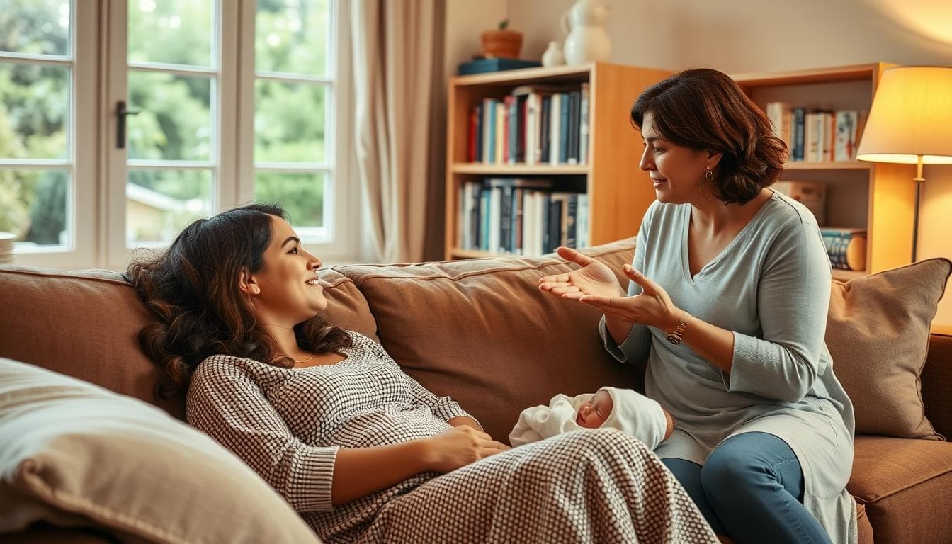 A cozy home interior, with warm lighting casting a soft glow. In the foreground, a young mother sits comfortably on a plush sofa, deep in conversation with a doula by her side. The doula's expression is one of warmth and understanding, her hands gesturing empathetically. In the background, a bookshelf filled with parenting resources and a window overlooking a peaceful garden, creating a tranquil, nurturing atmosphere. The scene conveys the care and guidance a doula can provide during the delicate postpartum period, helping the new mother navigate the joys and challenges of caring for a newborn.