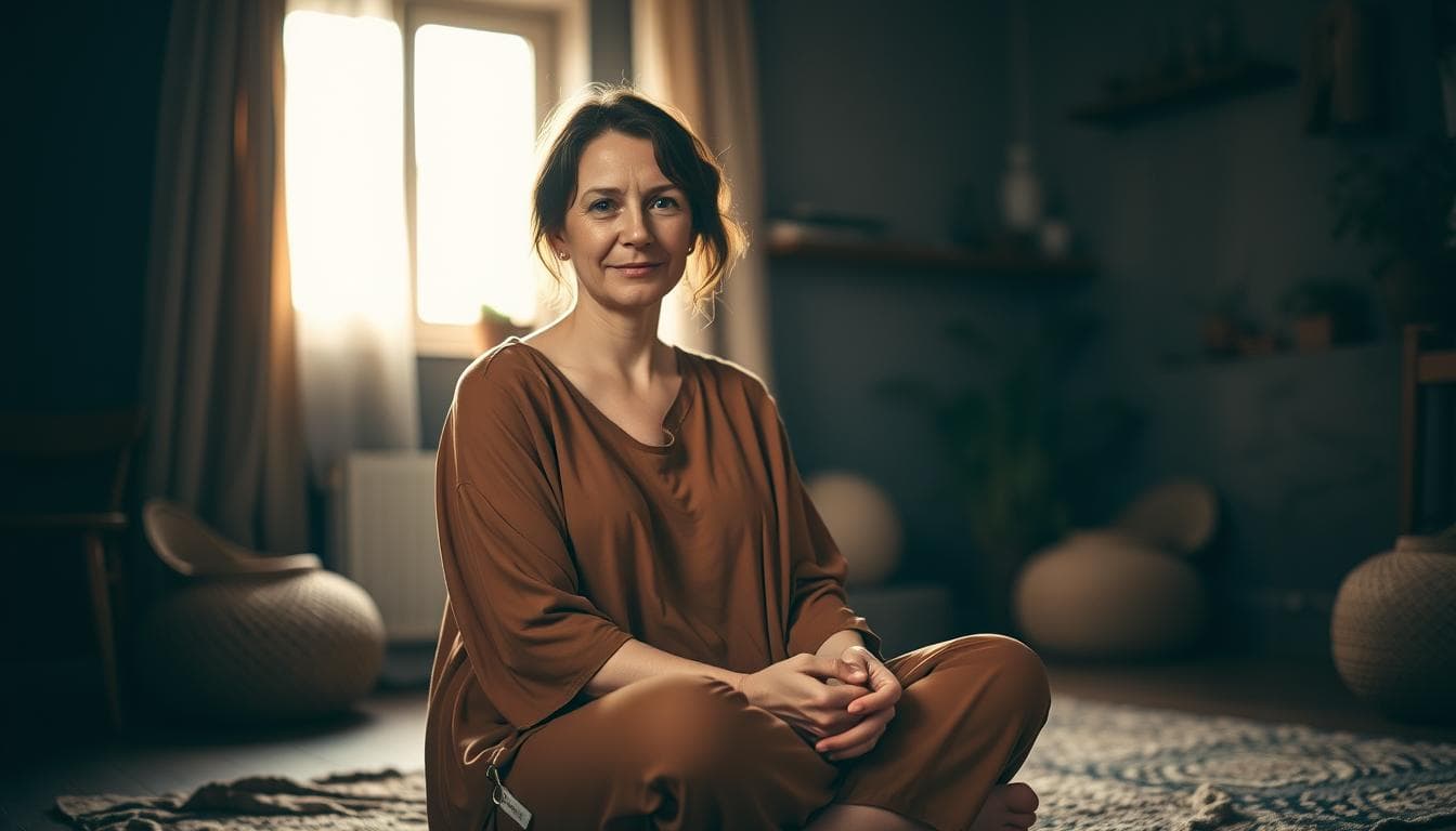 A warm, intimate portrait of a doula in Poland, captured in soft, natural lighting. In the foreground, a caring, experienced woman sits cross-legged, her gentle gaze and serene expression conveying a sense of comfort and support. She wears a flowing, earthy-toned dress, her hands resting lightly on her lap. The middle ground features a cozy, dimly lit room, with earthy tones and natural textures, evoking a sense of safety and tranquility. In the background, a window allows in soft, diffused light, creating a calming, ambient glow. The overall atmosphere is one of nurturing, empathy, and the profound connection between a doula and the women they support during pregnancy, birth, and postpartum.