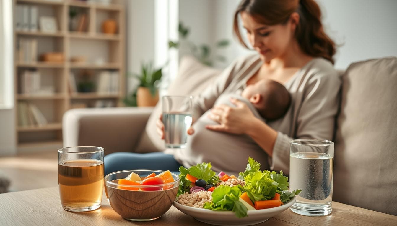 A warm and inviting scene showcasing a breastfeeding mother enjoying a nourishing meal. In the foreground, a woman sits comfortably on a couch, cradling her baby while savoring a plate of fresh, colorful vegetables, whole grains, and a glass of water. The lighting is soft and natural, casting a gentle glow on the pair. In the middle ground, a bowl of fruit and a cup of herbal tea add to the soothing, healthy ambiance. The background features a serene, neutral-toned room, with a bookshelf or plants providing a sense of calm. The overall atmosphere conveys the importance of a balanced, nutritious diet for a breastfeeding mother, supporting her and her child's well-being.