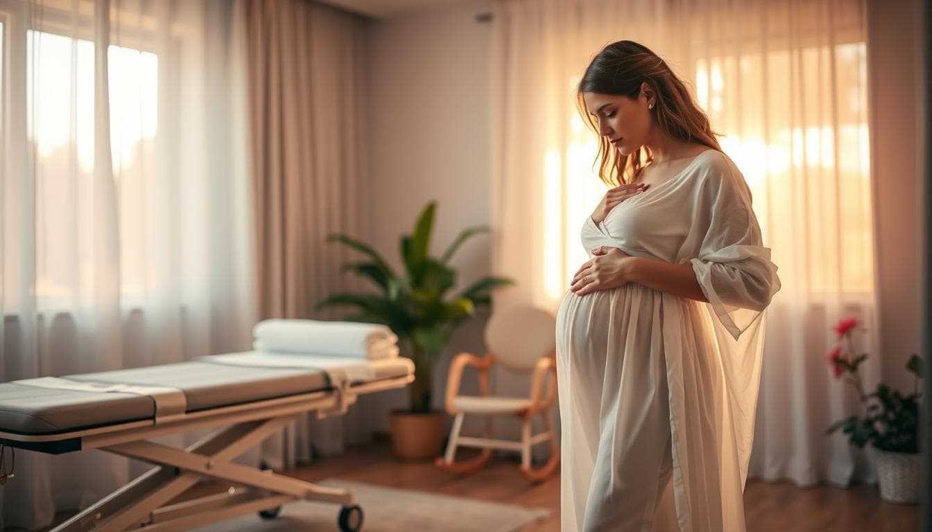 A serene, dimly lit birthing room, bathed in warm, golden light filtering through sheer curtains. In the foreground, a pregnant woman in a flowing white gown, her hands gently cradling her belly, exuding tranquility. To the side, a medical examination table, conveying the potential for a Cesarean section. In the background, a rocking chair and natural elements like potted plants, creating a calming, holistic atmosphere. The scene evokes a sense of preparation, anticipation, and the duality of natural and surgical childbirth options.