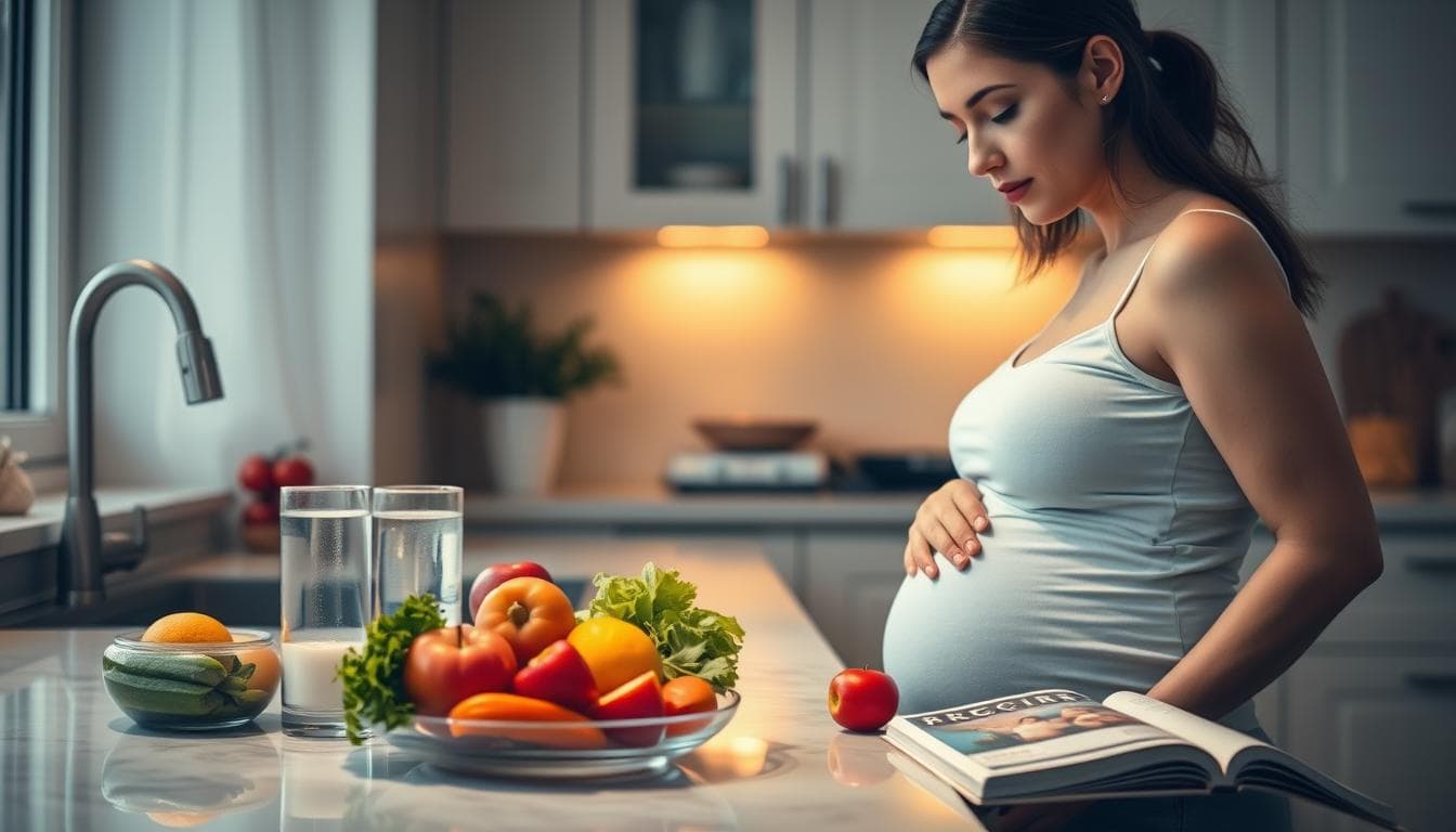 A serene kitchen scene with a pregnant woman standing by a counter, thoughtfully examining the contents of a glass of water and a plate of fresh fruits and vegetables. Soft, warm lighting illuminates the scene, creating an atmosphere of calm and nurturing. The woman's expression conveys a sense of care and consideration for her body's needs during this important stage of life. The counter is adorned with additional healthy snacks and a recipe book, emphasizing the significance of proper hydration and a balanced diet for a healthy pregnancy. The overall composition highlights the harmony between the woman, her environment, and the essential elements of prenatal wellness.