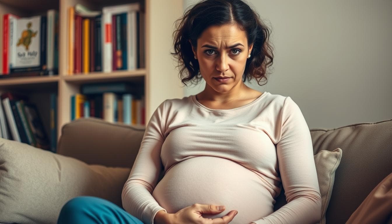 Prompt A pregnant woman sitting on a couch, her face reflecting a mix of concern and uncertainty. The lighting is soft, creating a warm, comforting atmosphere. In the background, a bookshelf filled with self-help and parenting books, hinting at the search for guidance and support. The woman's posture suggests she is deeply engaged in her thoughts, perhaps considering when to seek professional help for her pregnancy-related anxieties. The scene captures the moment of contemplation, where the woman is weighing her options and deciding on the best course of action to address her emotional needs during this significant life transition.